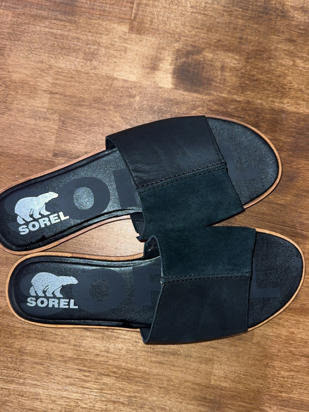 Sorel Black Slide Sandals with Tan Trim
